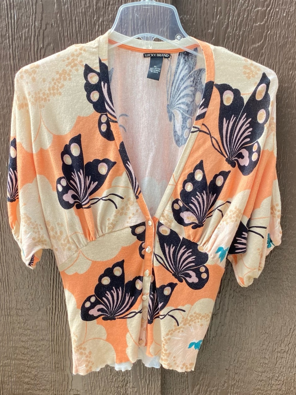 90’s Lucky Brand Peach Butterfly V-Neck Buttoned Blouse